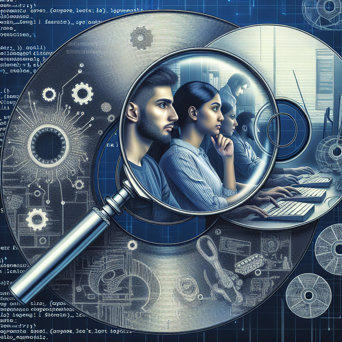 Two software engineers of Middle-Eastern and South Asian descent intently working in the background, with a large magnifying glass hovering above multiple lines of etched compact discs representing software code.