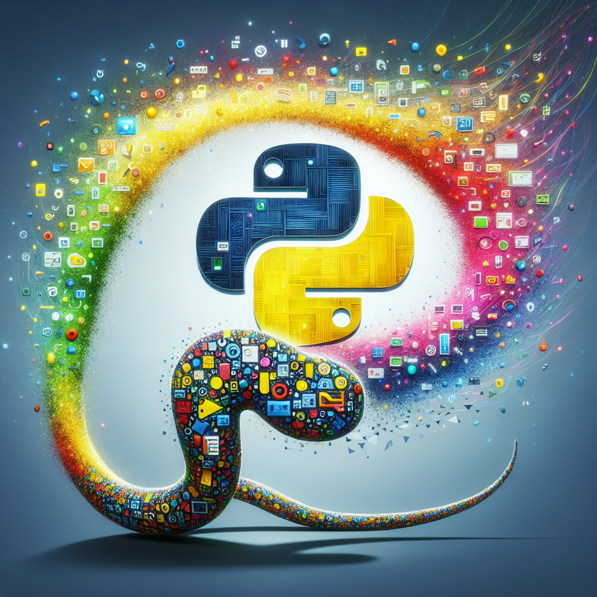 A swirling, colorful snake made up of GUI elements representing the power of programming in Python.