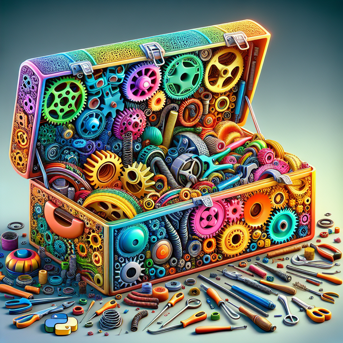 A toolbox filled with colorful gears, springs, wheels, and cogs representing the diverse functionalities of the Python Standard Library.