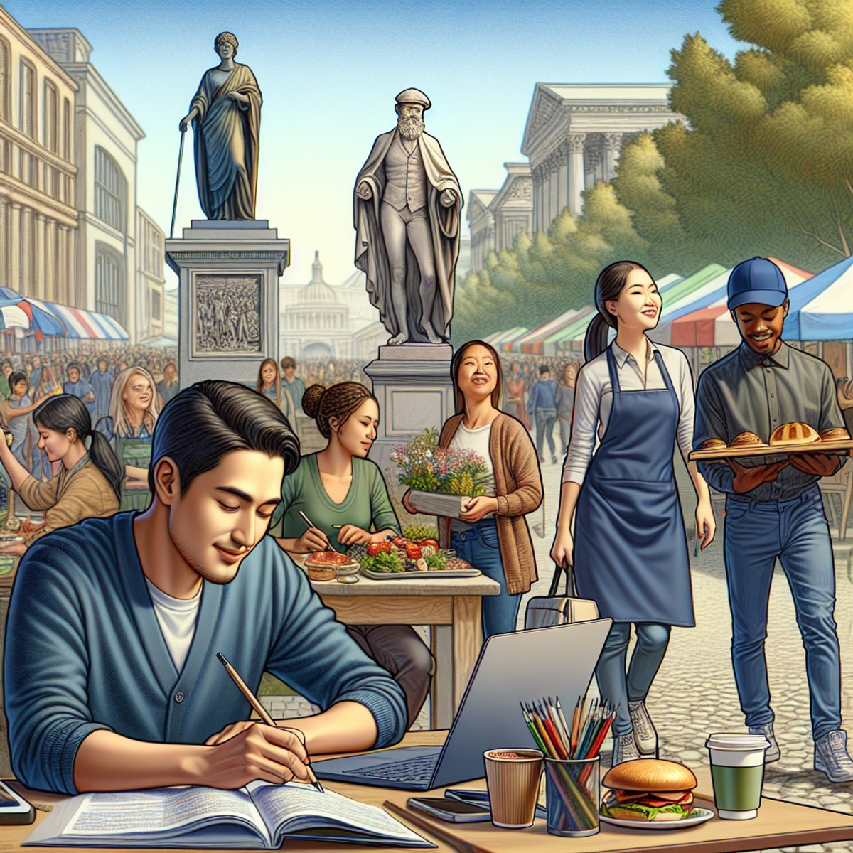 A Hispanic male sits with a laptop, doing academic research, while an Asian female in a retail store work uniform serves food in a local cafe, and a Black male artist sketches a statue. In the distance, there is a small outdoor farmers' market and a traditional local celebration.
