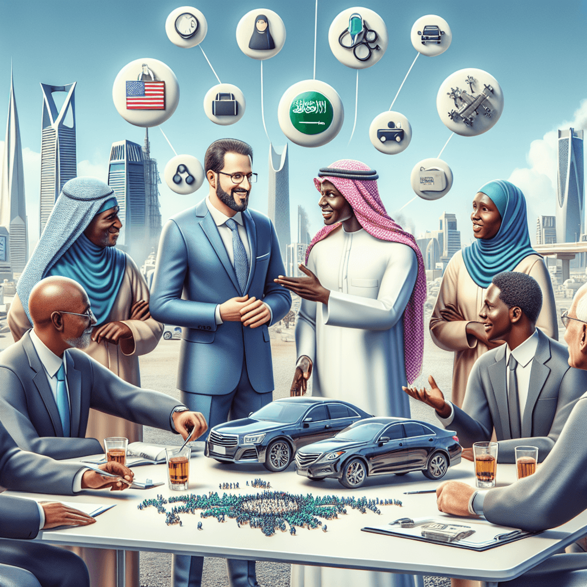 A diverse group of African expatriates, including both men and women, animatedly discussing job opportunities in Saudi Arabia, with expressions of enthusiasm and camaraderie. In the background, a sleek car represents the automotive sector, while caregiving tools like a stethoscope and medical supplies subtly indicate the healthcare field. The setting is vibrant and optimistic, with warm colors enhancing the sense of collaboration and hope for employment growth.