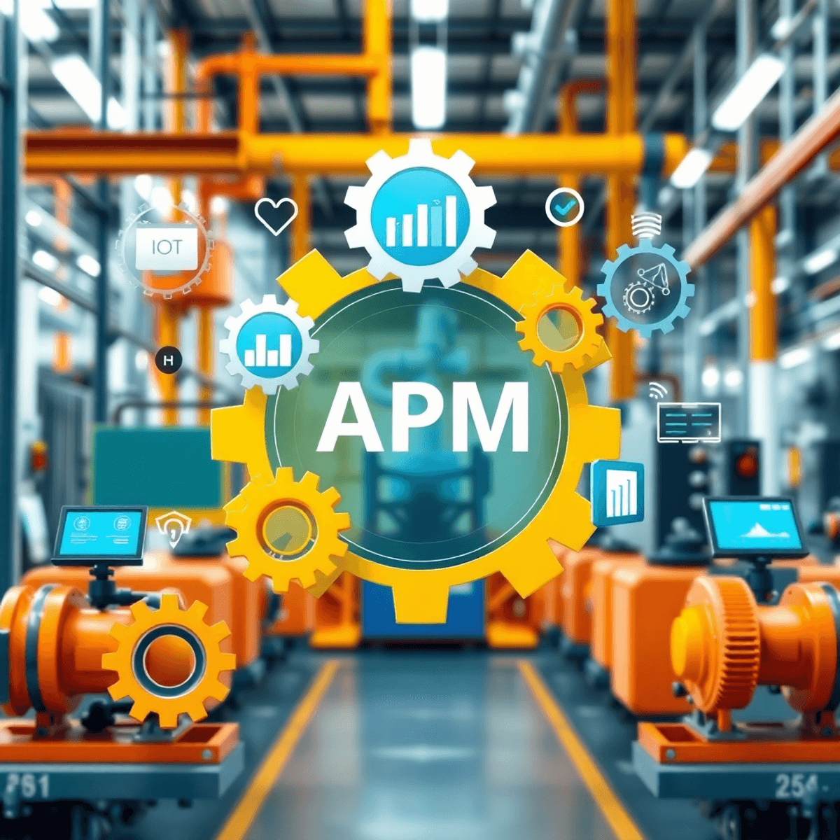 A modern industrial scene showcasing gears, digital screens with analytics, and IoT devices, set against a vibrant manufacturing or healthcare background symbolizing efficiency and growth.
