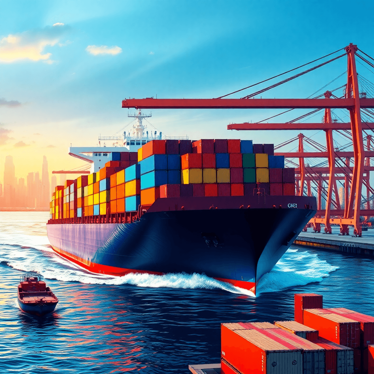 A cargo ship loaded with colorful chemical containers navigates a busy port, surrounded by cranes and shipping containers, against a vibrant city skyline.
