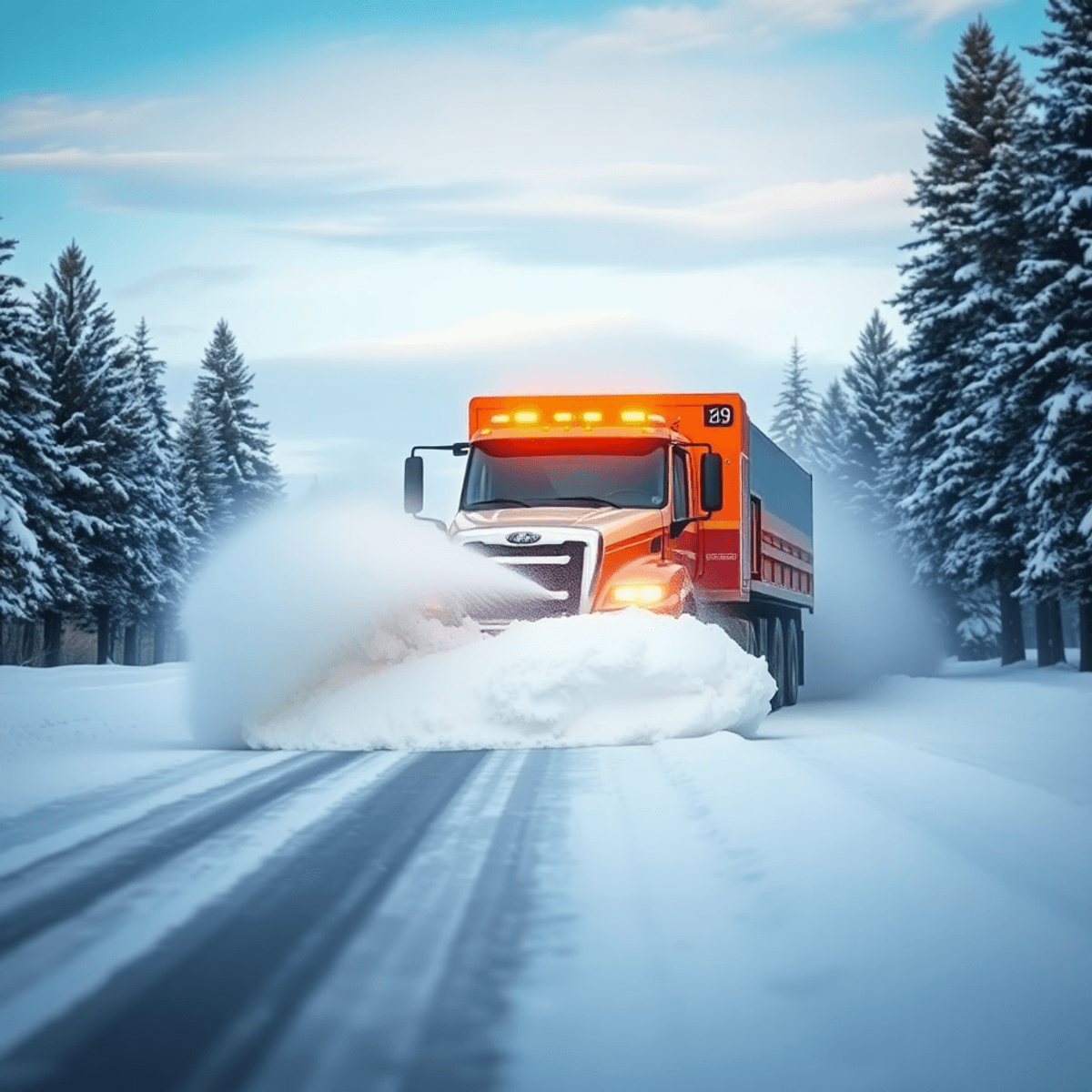 A snow removal truck clears a snow-covered road amidst pine trees and a clear blue sky, showcasing winter efficiency and safety in transportation.