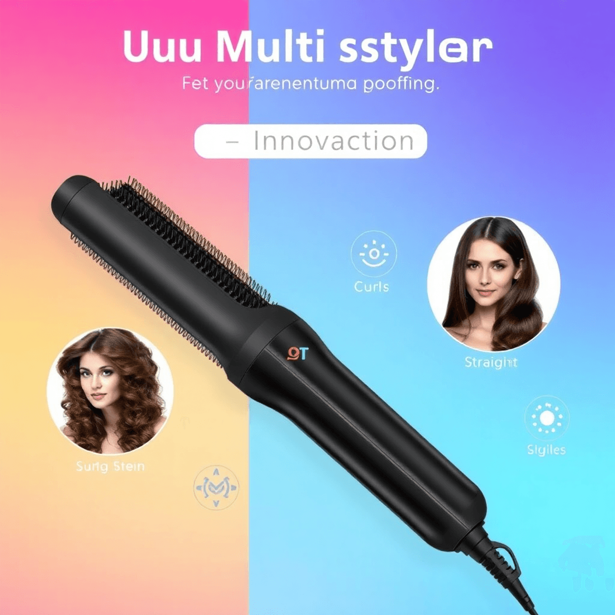 A modern multi-styler hair tool displayed against a vibrant background, highlighting various hairstyles like curls and waves, with digital icons symbolizing innovation.