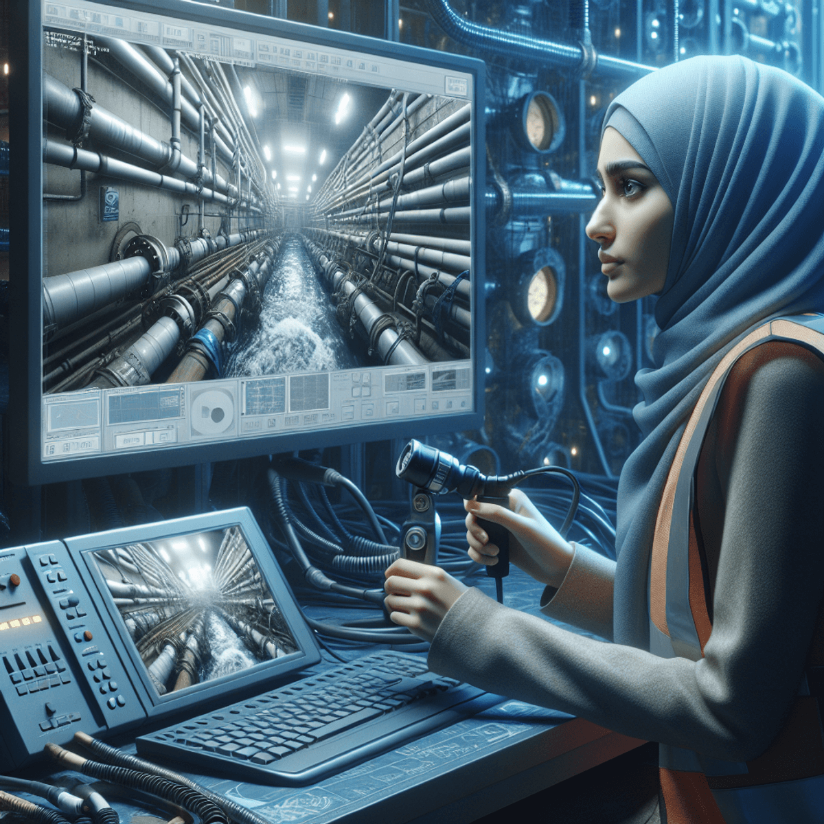 A Middle-Eastern female technician, wearing a professional uniform and safety gear, is focused on a monitor displaying real-time footage from a CCTV camera surveying a complex drain system. Her expression is one of concentration as she analyzes the images. Behind her, intricate networks of pipes and sewer lines are visible, some softly illuminated to highlight their structure. The setting conveys a high-tech atmosphere with modern equipment surrounding her, emphasizing the advanced technology used in drain inspections.