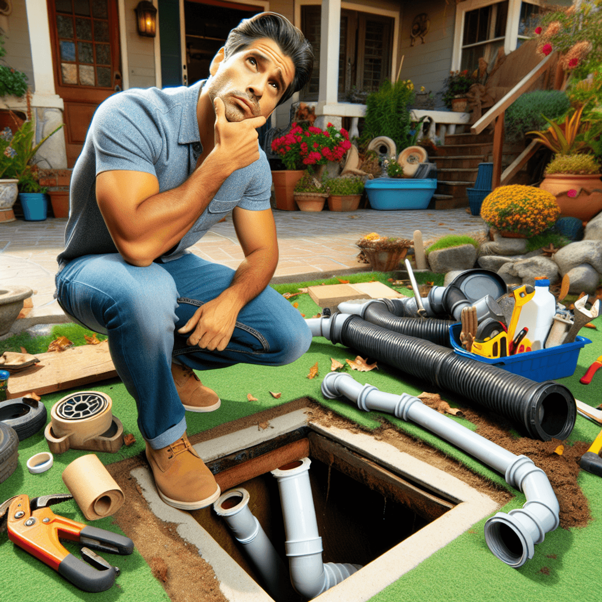 A Hispanic homeowner in casual clothing stands thoughtfully next to a blocked outdoor drain, showing signs of concern. Various plumbing tools and debris are scattered around, indicating an ongoing effort to clear the blockage. In the background, a well-kept garden reflects the overall maintenance of the house, highlighting the urgency and responsibility of managing plumbing issues.