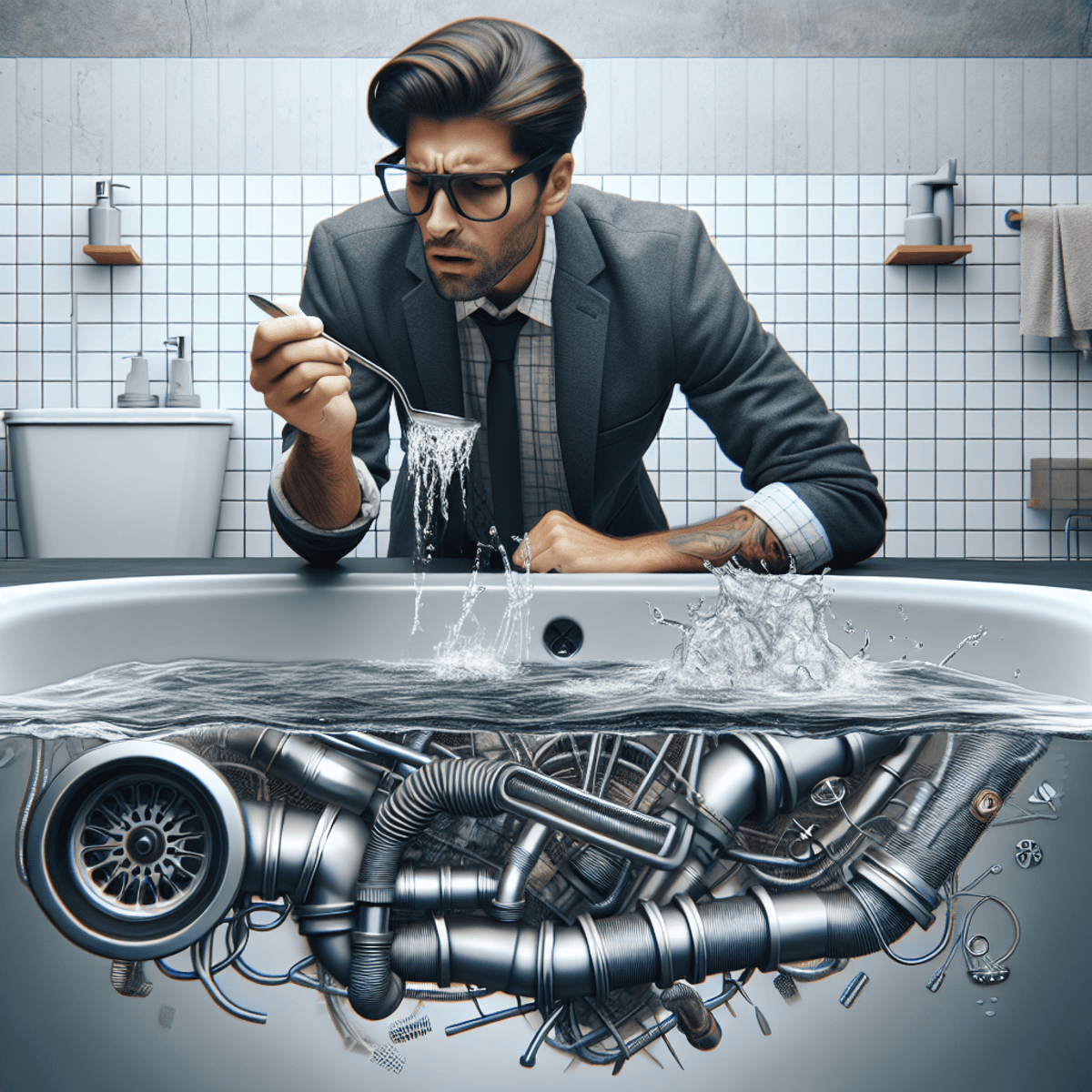 A concerned Hispanic individual, looking frustrated, inspects a sink filled with water in a modern bathroom. The sink is overflowing, and water spills over the edges, creating a sense of urgency. Visible plumbing systems are in the background, highlighting the challenge of a clogged drain. The person's expression conveys worry and determination as they assess the situation.