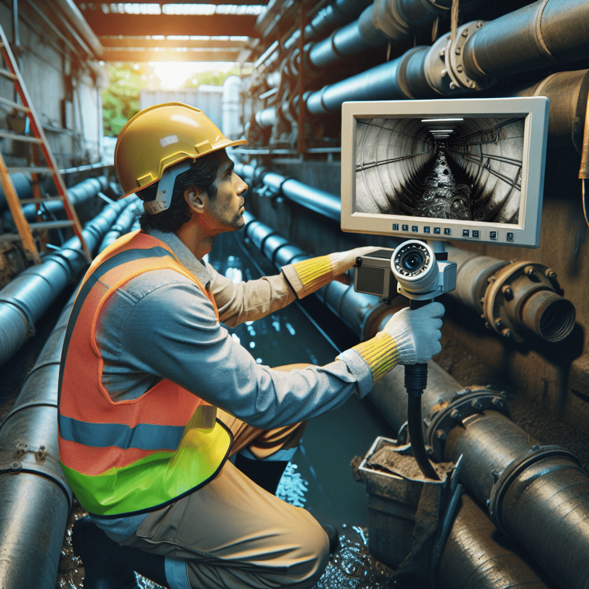 A Hispanic male technician wearing a hard hat, high visibility vest, gloves, and safety boots inspects a drainage system outdoors, using a high-resolution CCTV camera. The CCTV screen shows a clear view of the piping interior. Surrounding him are various drainage equipment, illuminated by natural outdoor lighting.