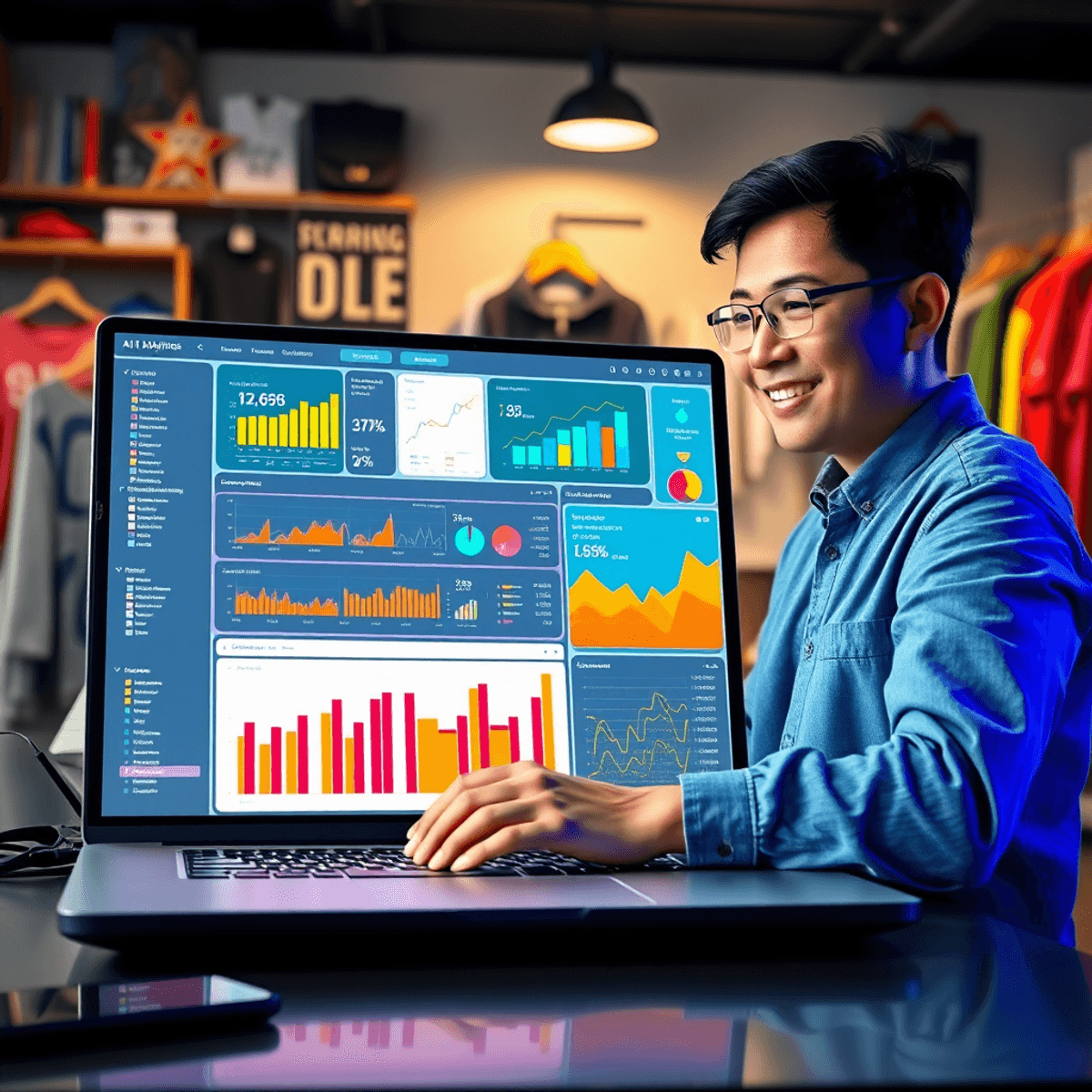 A laptop shows a colorful dashboard with graphs, while an enthusiastic entrepreneur analyzes data amidst e-commerce products like clothing and gadgets, symbolizing success.