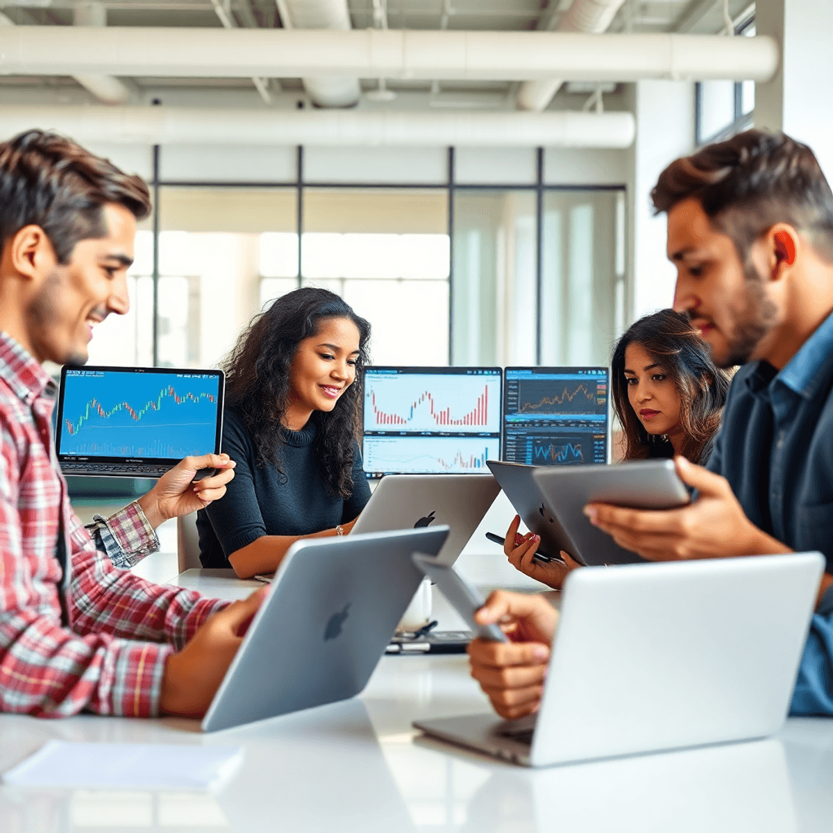 A group of new investors engaged in learning about trading on laptops and tablets in a bright, modern workspace, showcasing collaboration and empowerment with educational charts on their screens.