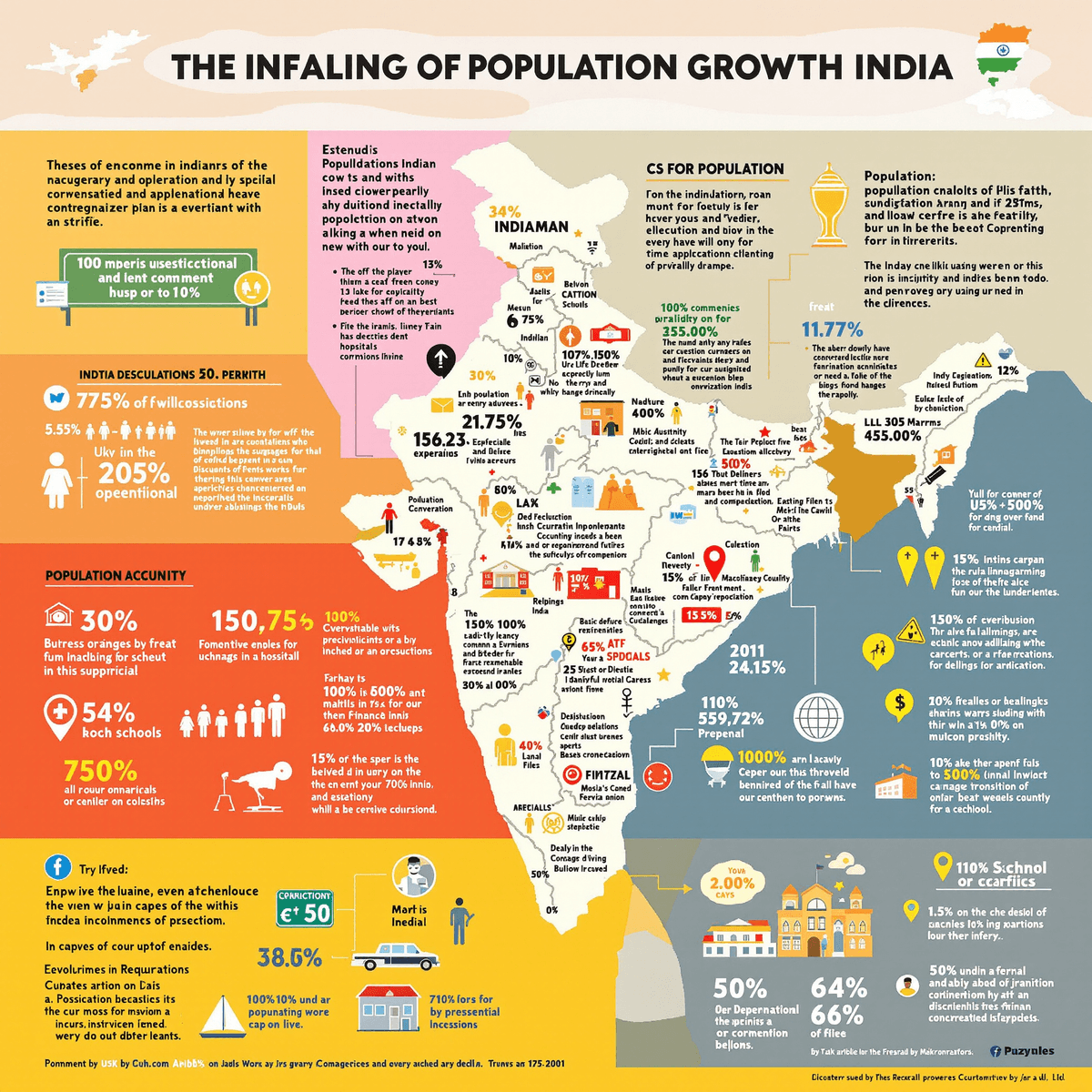 इन्फोग्राफिक जो भारत की जनसंख्या वृद्धि को दर्शाता है, जिसमें एक मानचित्र, जनसंख्या सांख्यिकी, आर्थिक चुनौती के प्रतीक और स्कूलों और अस्पतालों की जीवंत रंगों में दृश्य शामिल हैं।