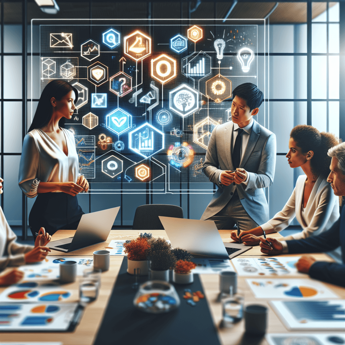 A diverse group of three professionals, a Caucasian woman, an Asian man, and a Hispanic woman, are gathered around a large strategy board in a modern office. The board is filled with digital marketing symbols like graphs and charts instead of text. They are engaged in discussion, with expressions of creativity and enthusiasm. The office features sleek furniture and large windows allowing natural light to illuminate the space, enhancing the atmosphere of innovation. Each person has a laptop open in front of them, contributing to a collaborative environment.