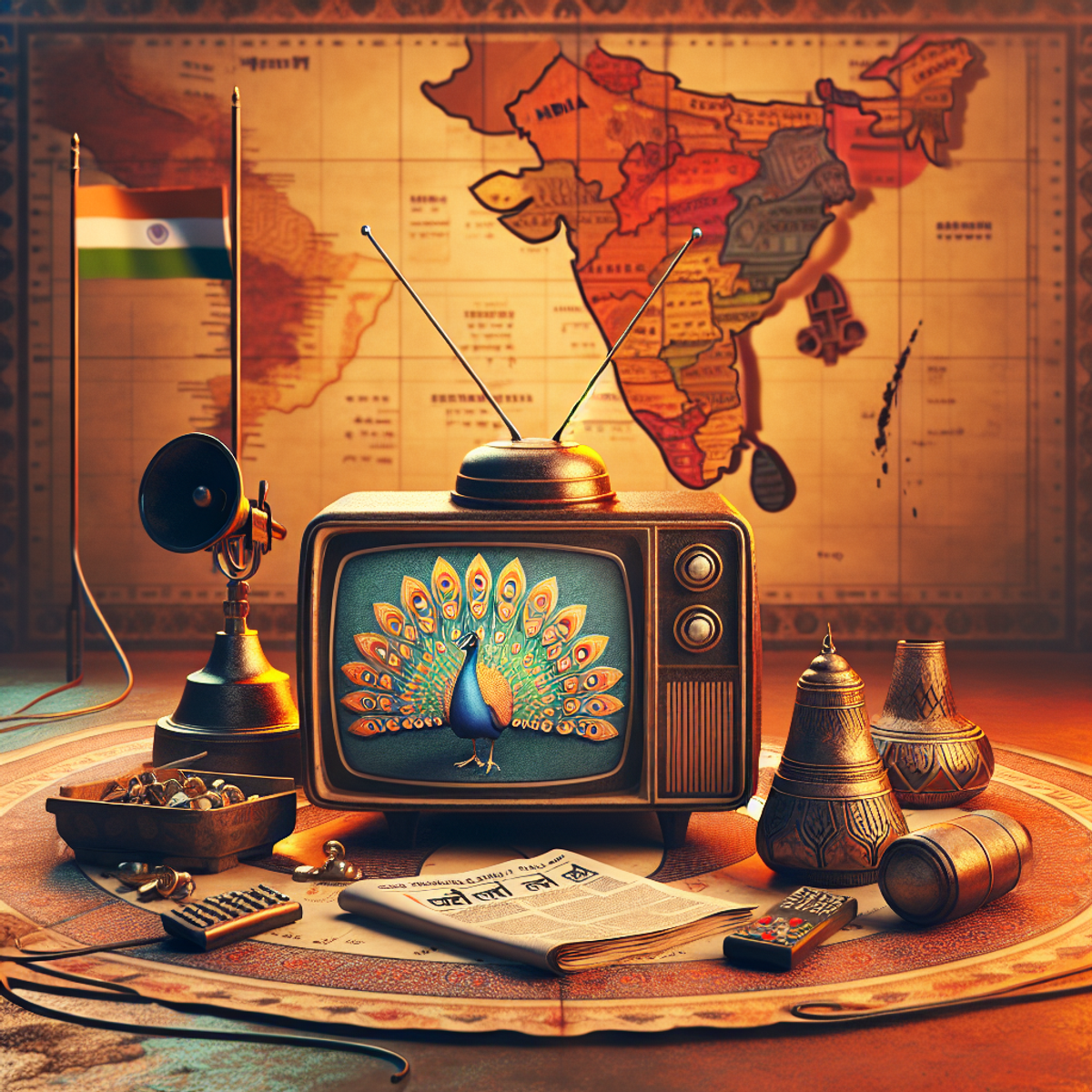 A traditional Indian television set displaying the vibrant colors of a peacock, surrounded by an antenna, a microphone, and a map of India in a warm household setting.