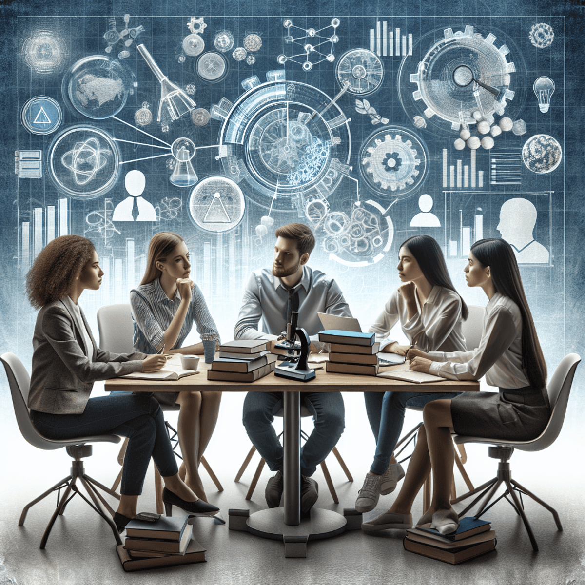 A diverse group of scholars, including a Caucasian woman, a Hispanic man, and an Asian woman, engaged in lively discussion around a large table filled with books and laptops. The background features symbols representing various academic disciplines, such as a microscope for science, a graph for economics, and social symbols for sociology, emphasizing interdisciplinary collaboration to address global challenges.