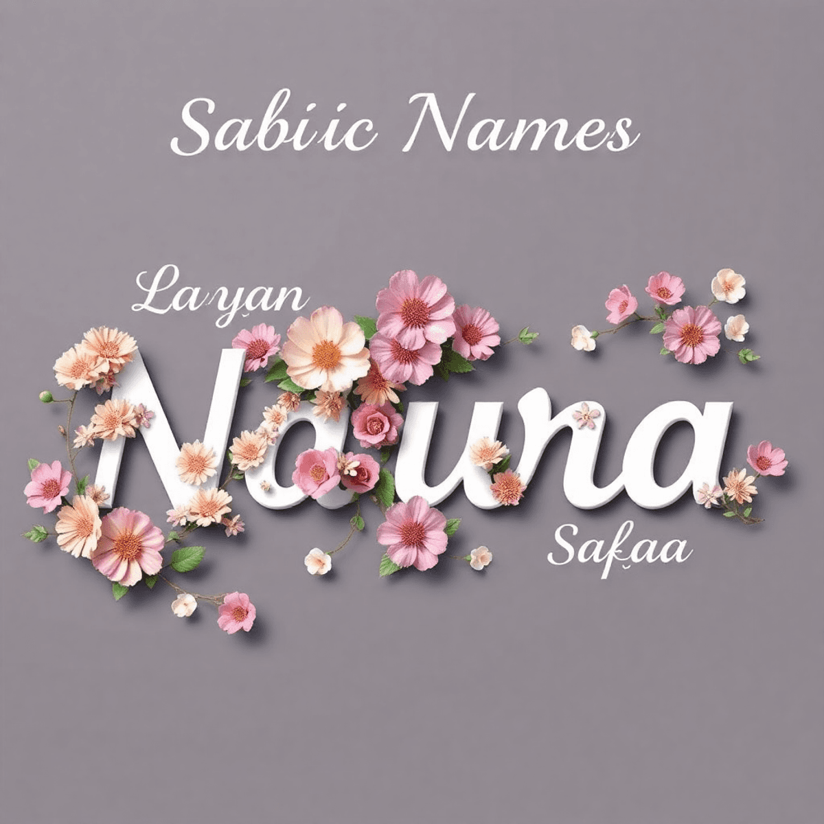 Elegant arrangement of unique Arabic girl names "Layan," "Maha," "Noura," "Rowan," and "Safaa" adorned with floral elements in soft pastel colors.