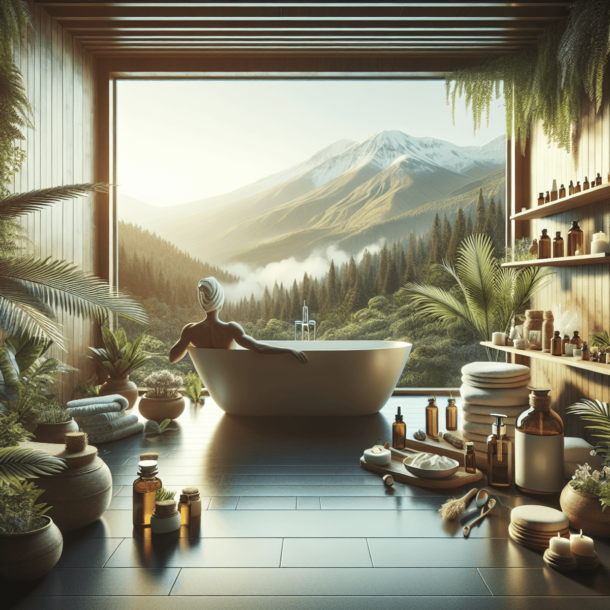 Piles Treatment in DAD Ayurveda 5 A serene bathroom scene with soft, natural lighting. A Caucasian person sits comfortably in a deep soaking tub filled with water, surrounded by candles and potted plants. Various bottles of herbal oils and soothing creams are neatly arranged on the edge of the tub. A fluffy towel and a small wooden tray holding a bowl of fresh herbs and a glass of infused water are nearby, enhancing the tranquil ambiance. The overall setting conveys a sense of relaxation and wellness.