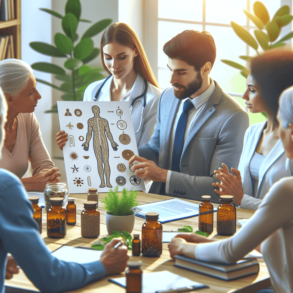 Piles Treatment in DAD Ayurveda 3 A diverse group of individuals, including Caucasian and Hispanic descent, engaged in a lively discussion about health and wellness, surrounded by a vibrant setting. They are focused on a symbolic representation of a grading system for piles, while organic remedies are neatly displayed on a nearby table.