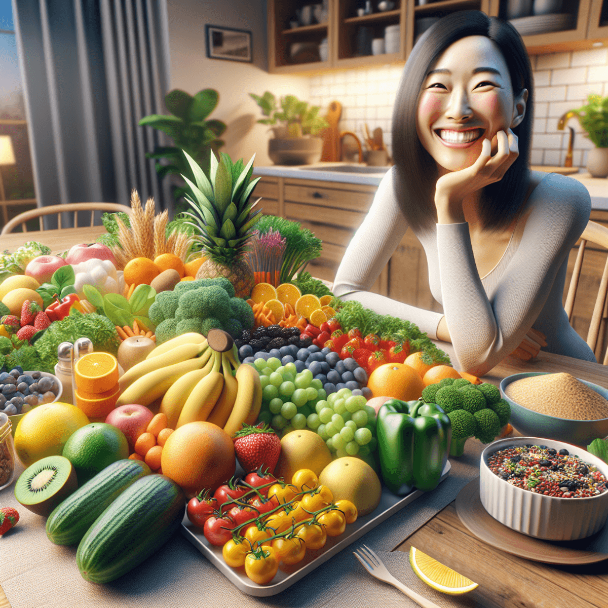 Piles Treatment in DAD Ayurveda 4 A smiling Asian woman prepares a vibrant, healthy feast on a dining table filled with colorful fruits, crisp vegetables, and hearty whole grains, set in a well-lit modern kitchen with warm lighting.