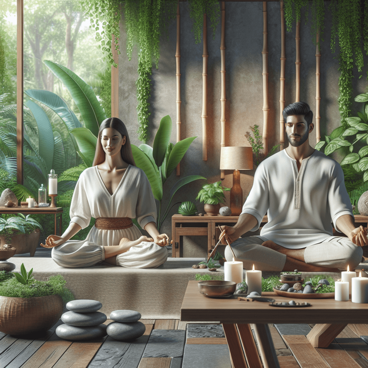 Piles Treatment in DAD Ayurveda 2 A Caucasian woman and a Hispanic man practicing holistic healing in an Ayurvedic clinic, surrounded by lush greenery and natural decor including bamboo, wooden furniture, stones, and aromatic candles, embodying serenity and wellness.