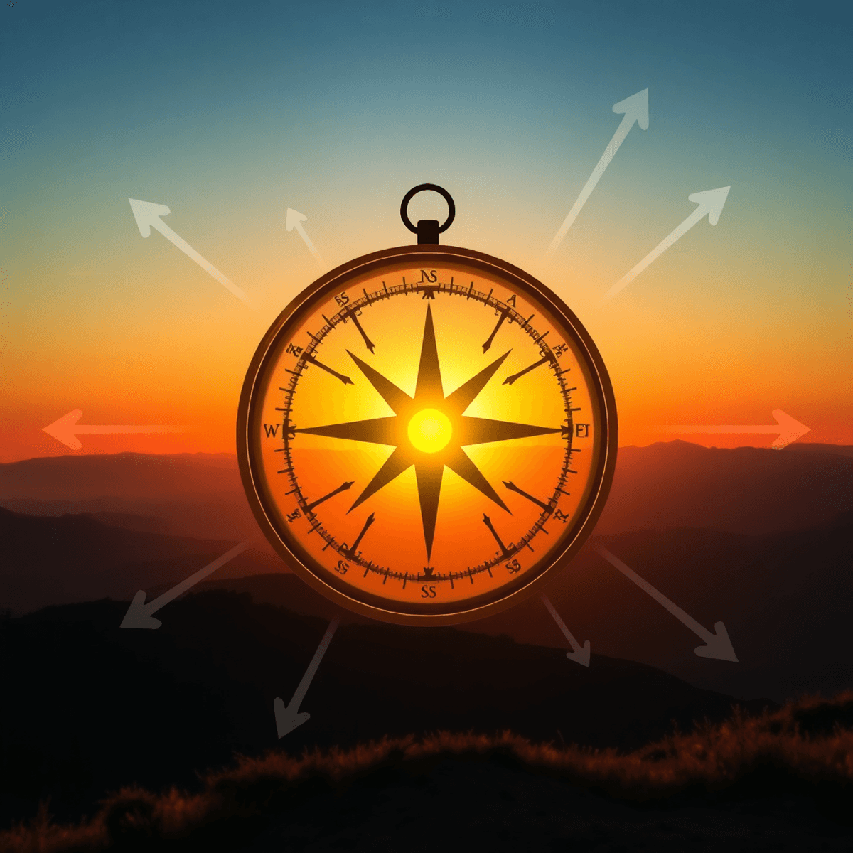 Glowing compass over serene sunrise landscape with abstract arrows and pathways radiating outward, symbolizing guidance, clarity, and purposeful journey.