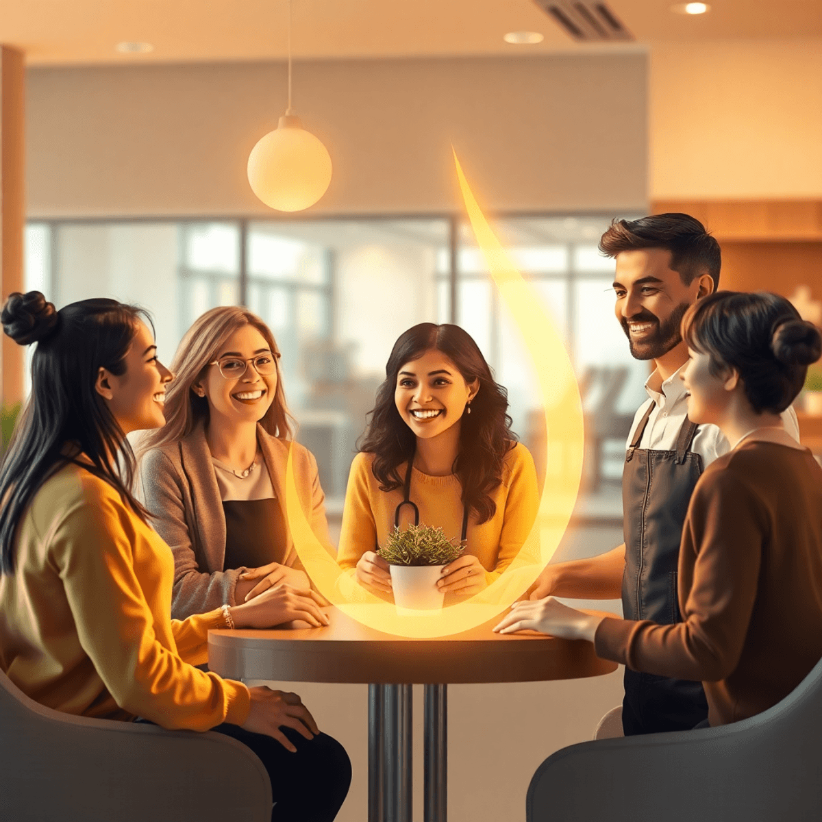 Happy customers and friendly service reps interacting warmly in a modern, comfortable space with soft glowing light and abstract shapes symbolizing trust and connection.