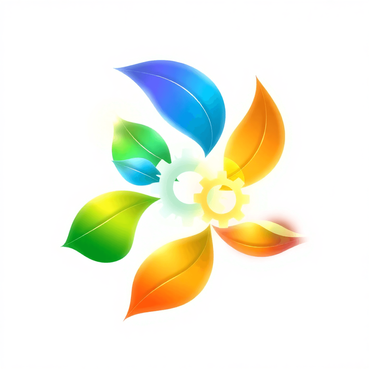 Abstract illustration with glowing intertwined leaf and gear shapes symbolizing growth, innovation, and continuous improvement on a bright background.