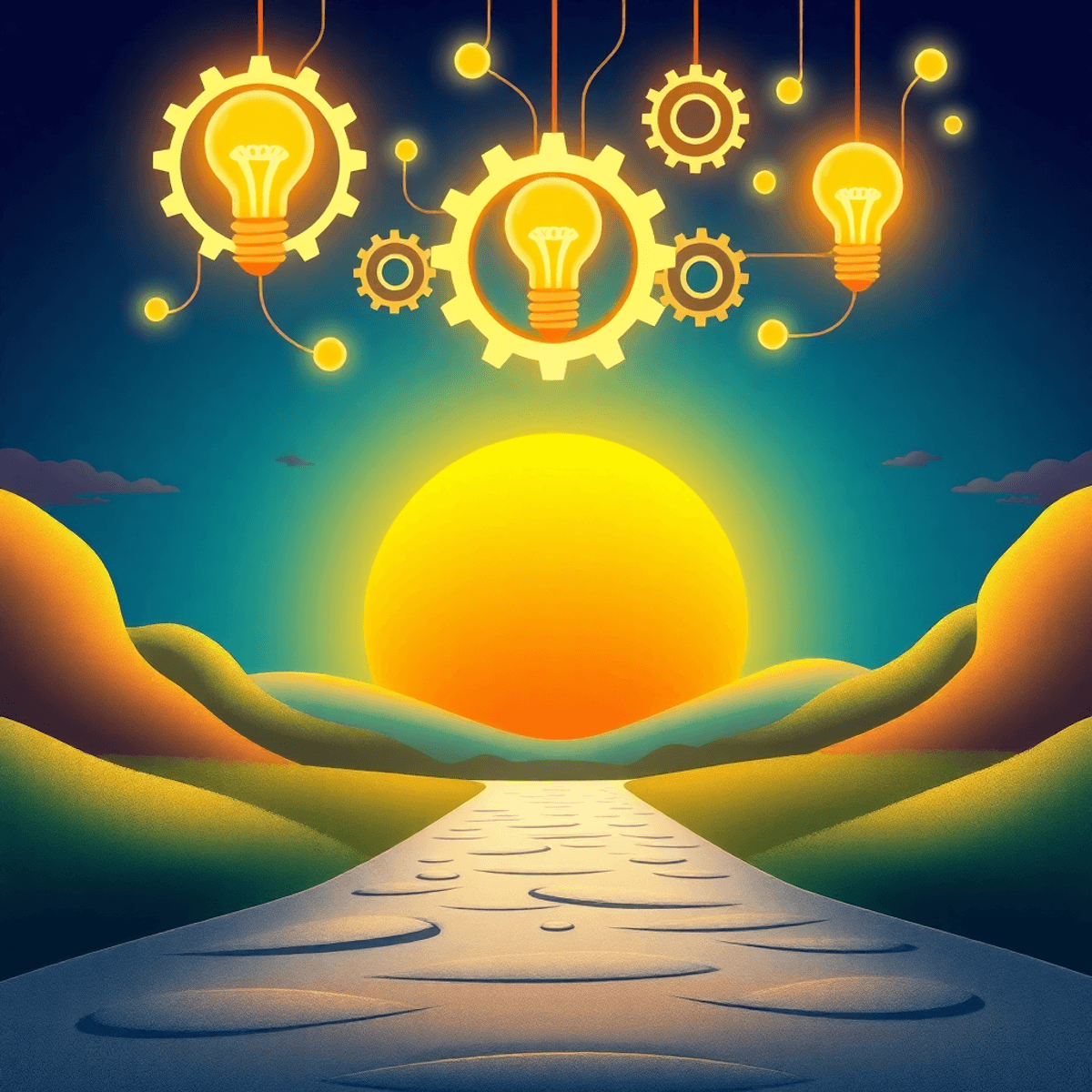 A realistic abstract illustration of a bright sunrise over an open path with glowing interconnected gears and lightbulbs floating above, symbolizing innovation and growth.