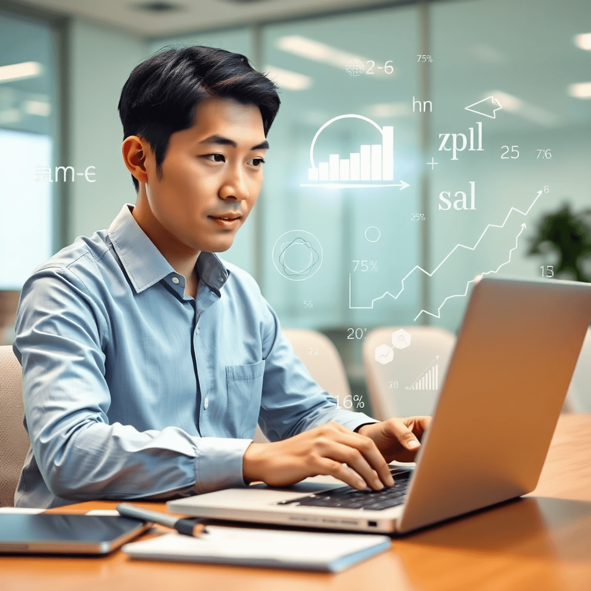 A focused person analyzes data on a laptop, surrounded by mathematical symbols and graphs illustrating probability concepts in a light, professional office setting.