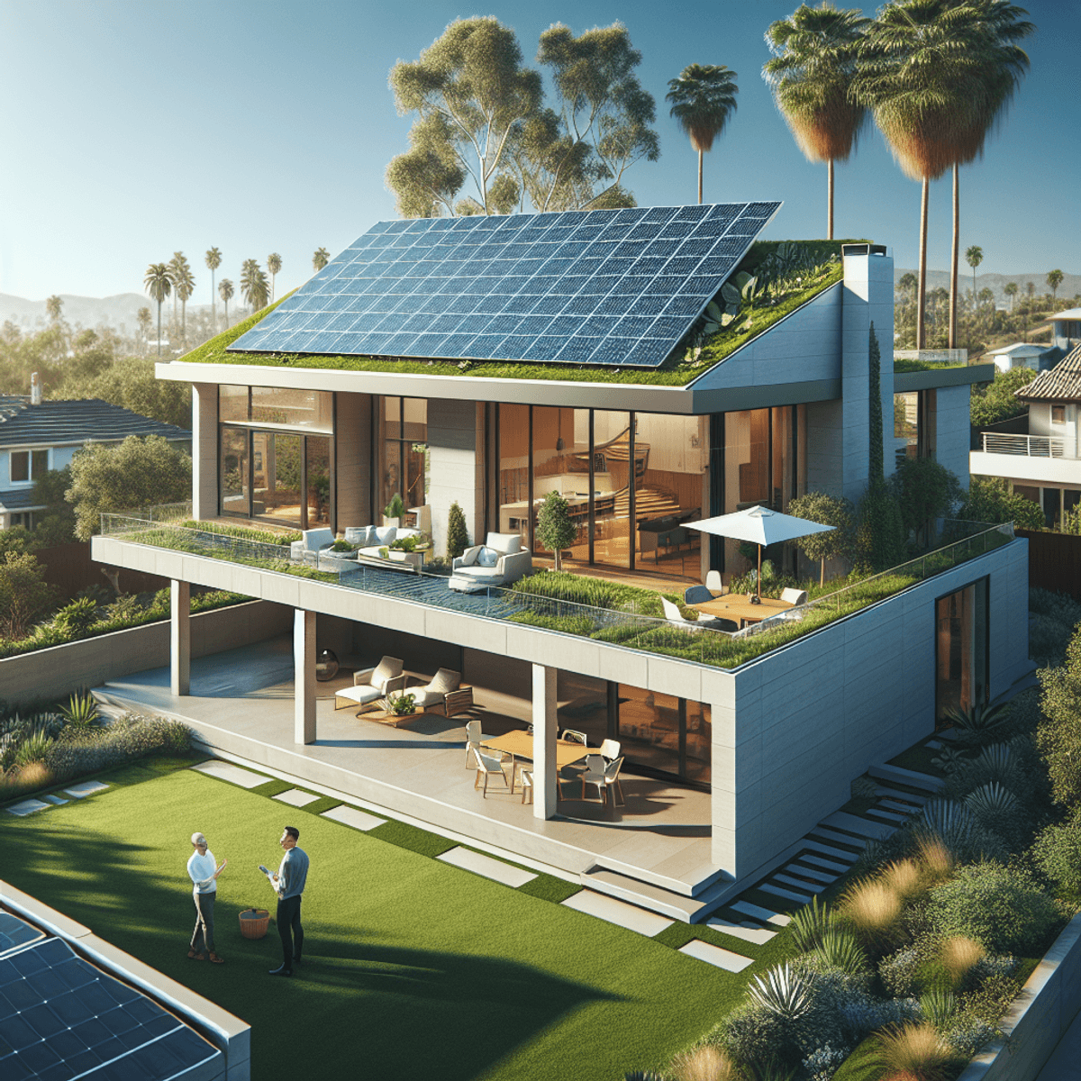 A contemporary Los Angeles residence featuring a modern design with an energy-efficient roof adorned with solar panels and lush greenery. The house is surrounded by a bright, sunny landscape, reflecting the warm climate of the area. In the spacious backyard, two homeowners—a Caucasian individual and a Hispanic individual—are engaged in a lively discussion, both expressing joy about their sustainable roofing solutions. The scene captures intricate details of the solar panels, the vibrant greenery on the roof, and the architectural features of the house.