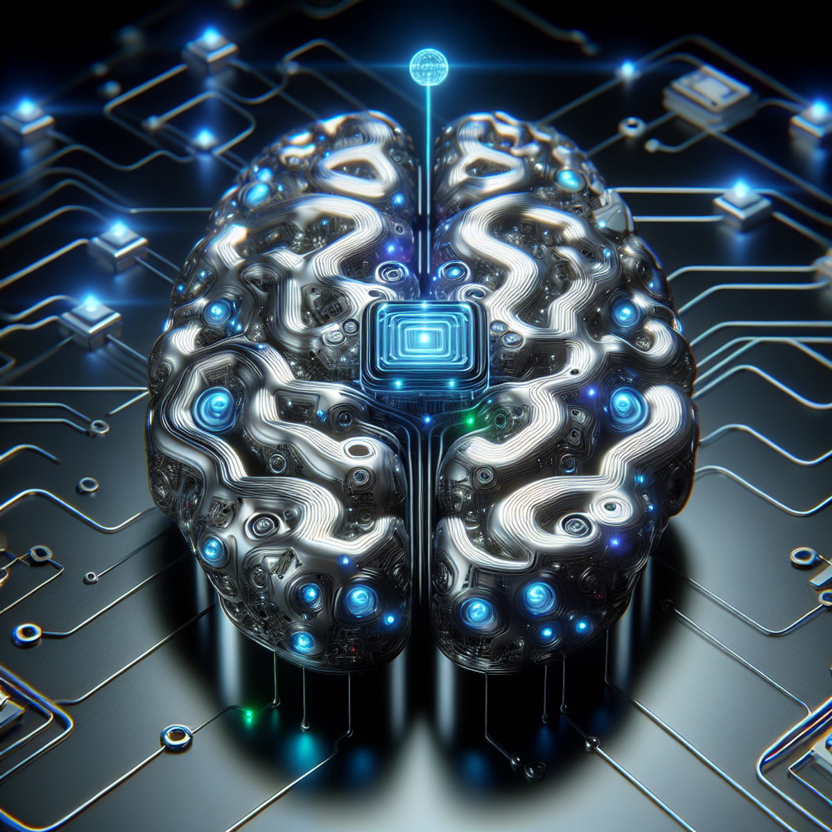 An intricate metallic brain-shaped structure with interconnected circuits and neon blue lights, surrounded by floating data packets symbolizing information flow.