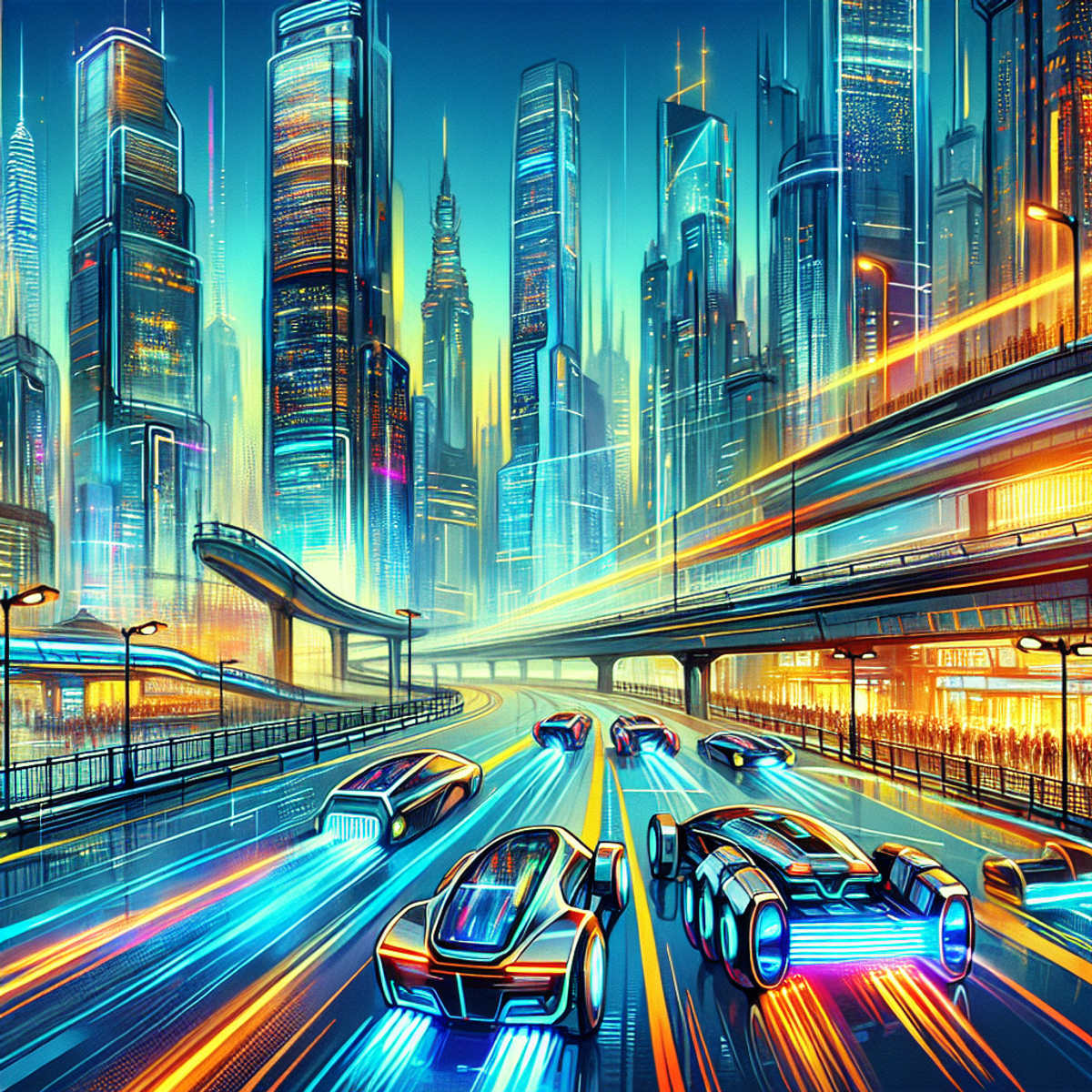 Futuristic cityscape with sleek transportation vehicles and neon lights.