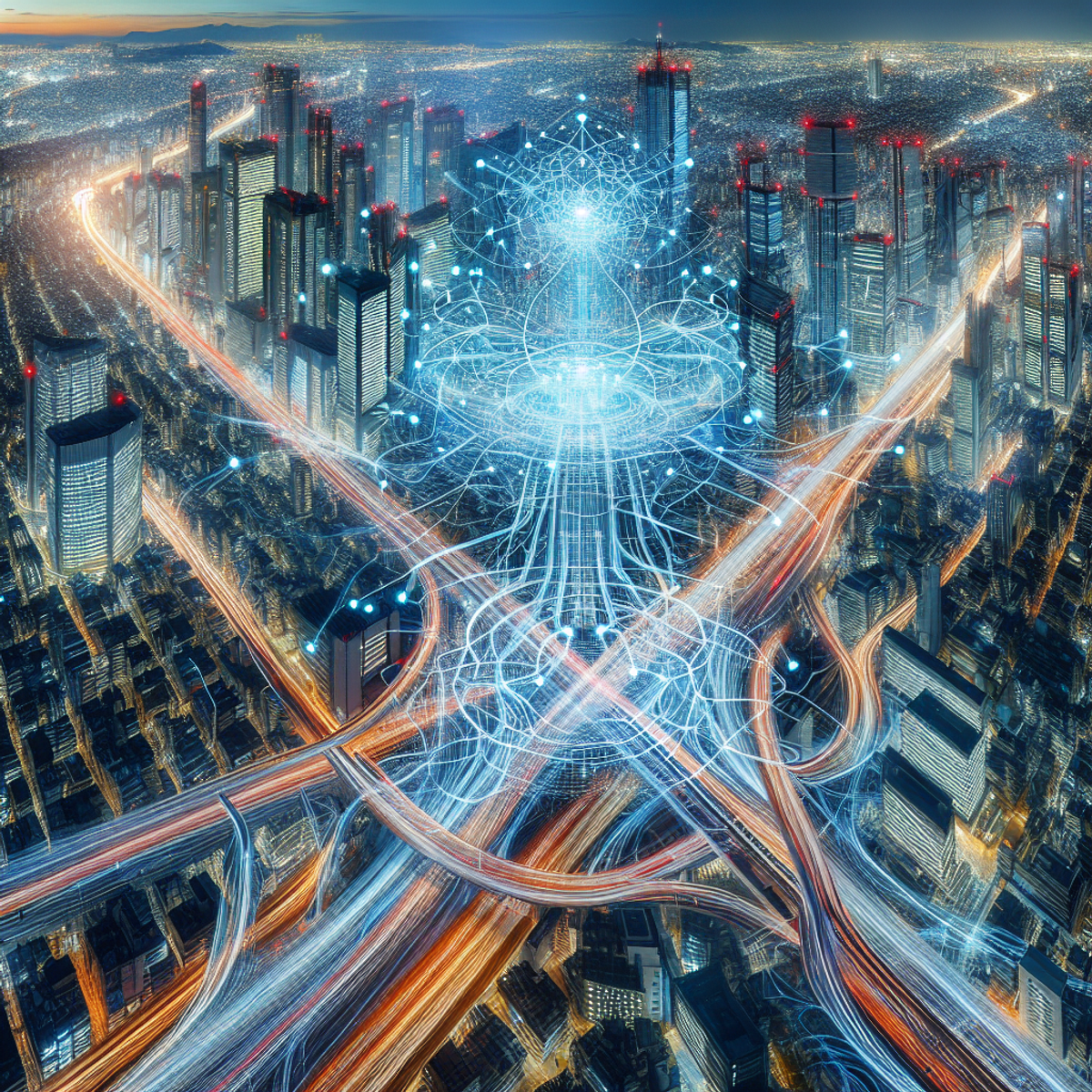 A futuristic cityscape with flowing light trails and a towering neural network-like structure at the core.