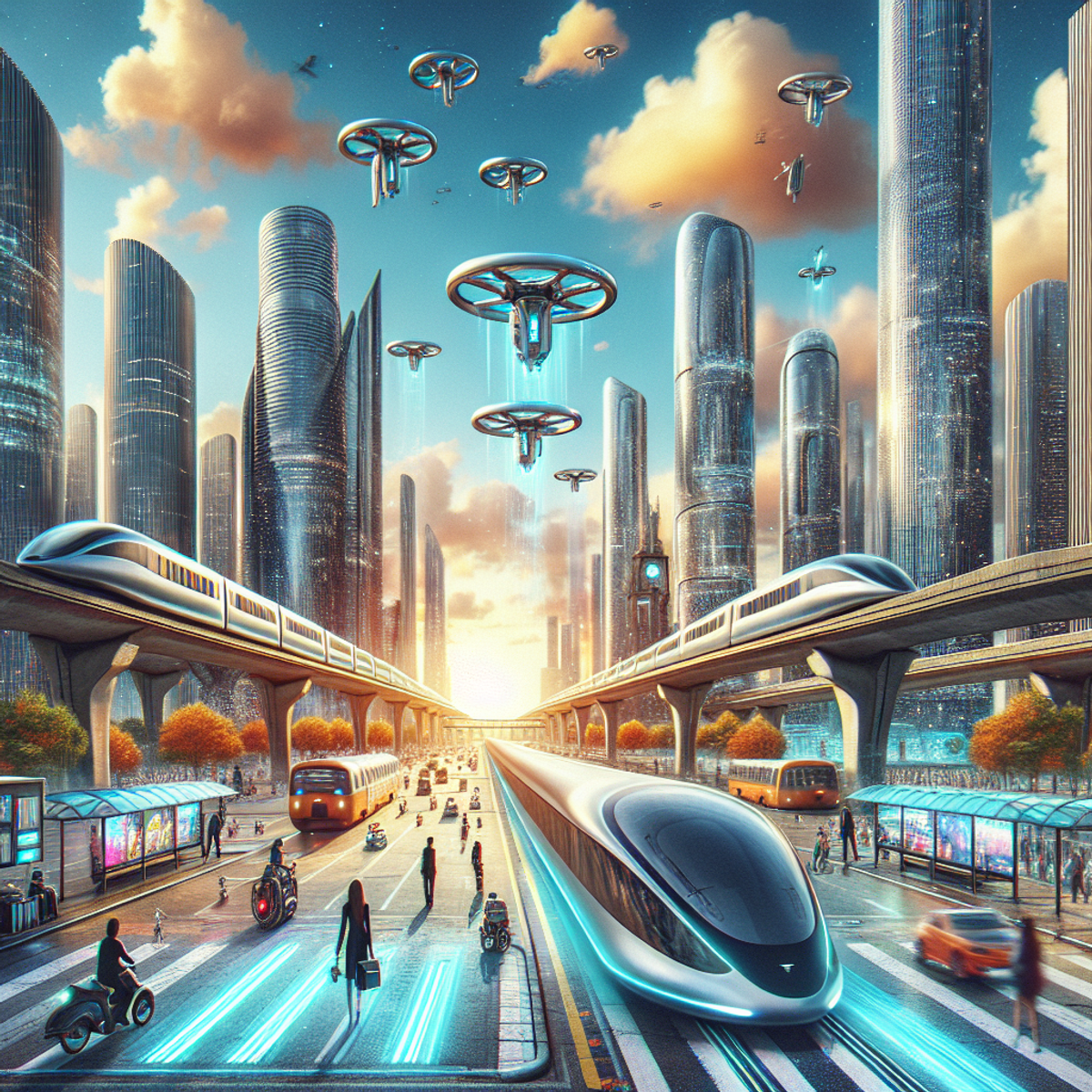 A futuristic cityscape with levitating vehicles, smart buildings, and advanced transportation systems.