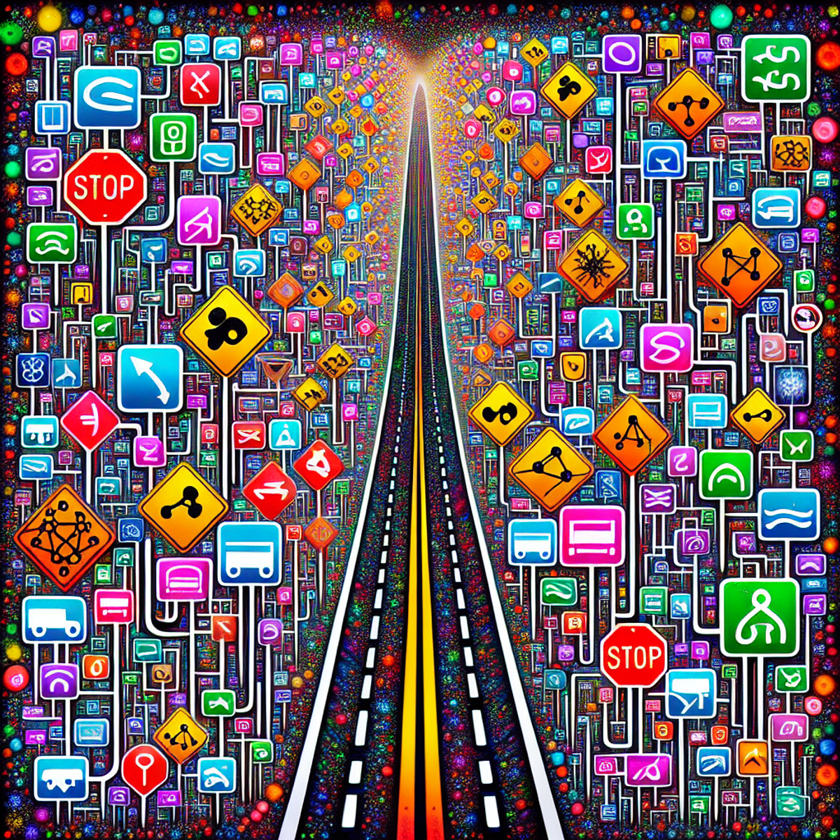 A complex neural network roadmap with traffic signs representing machine learning frameworks.