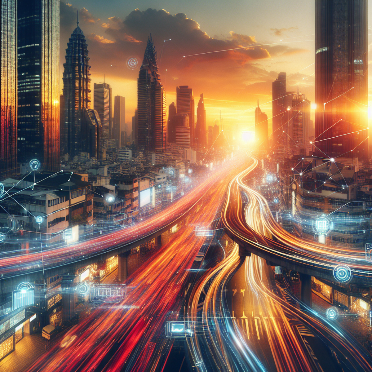 A bustling cityscape at sunset with futuristic cars racing along illuminated roads and modern skyscrapers reaching towards the sky.