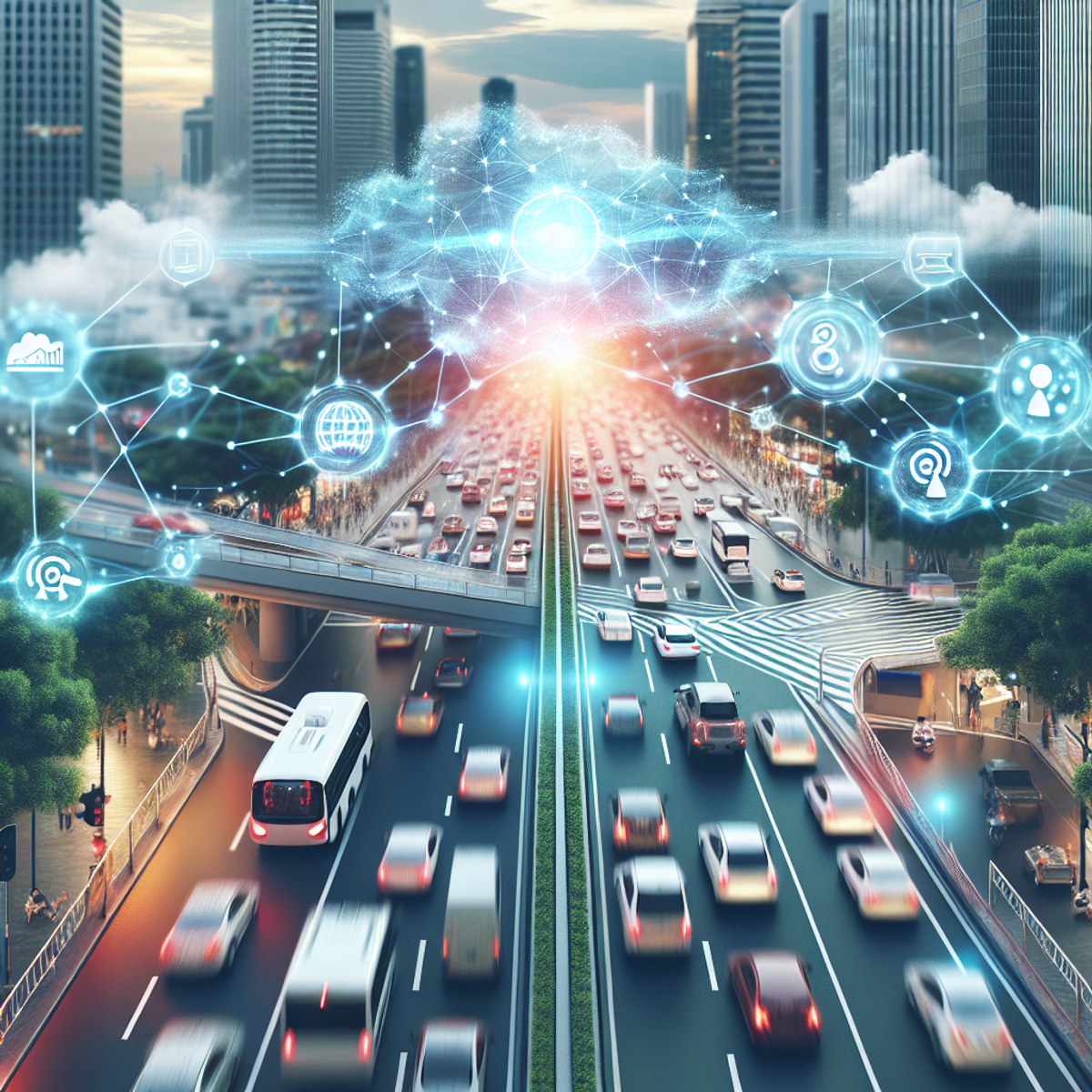 Futuristic city with autonomous vehicles and machine learning algorithms interacting with traffic.