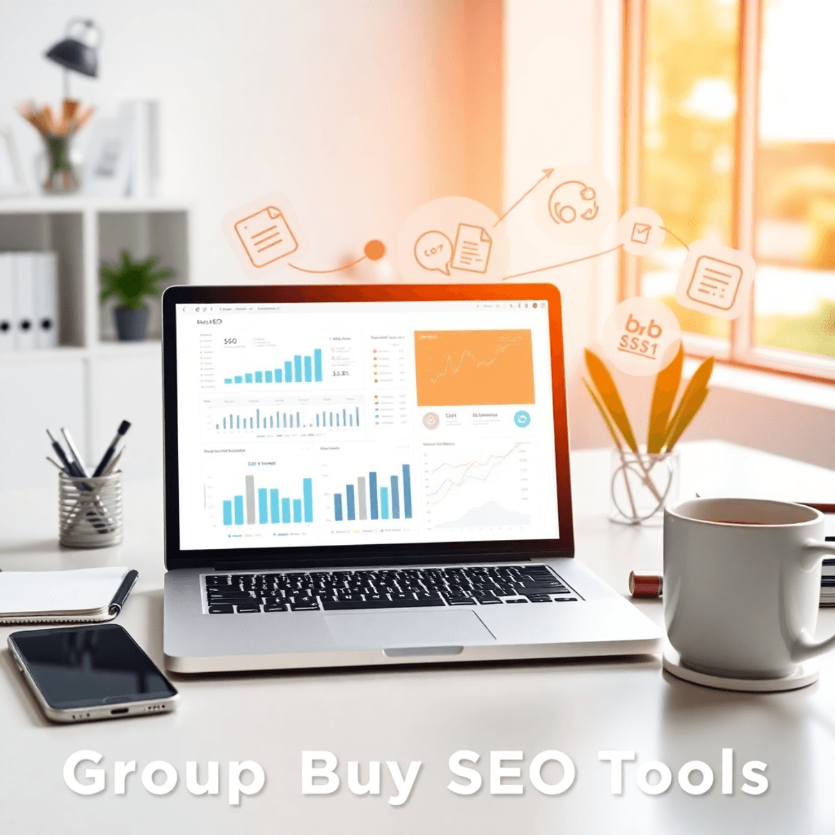 A bright digital workspace with a laptop showing SEO analytics, surrounded by a notepad, smartphone, coffee cup, and collaborative documents, emphasizing productivity.