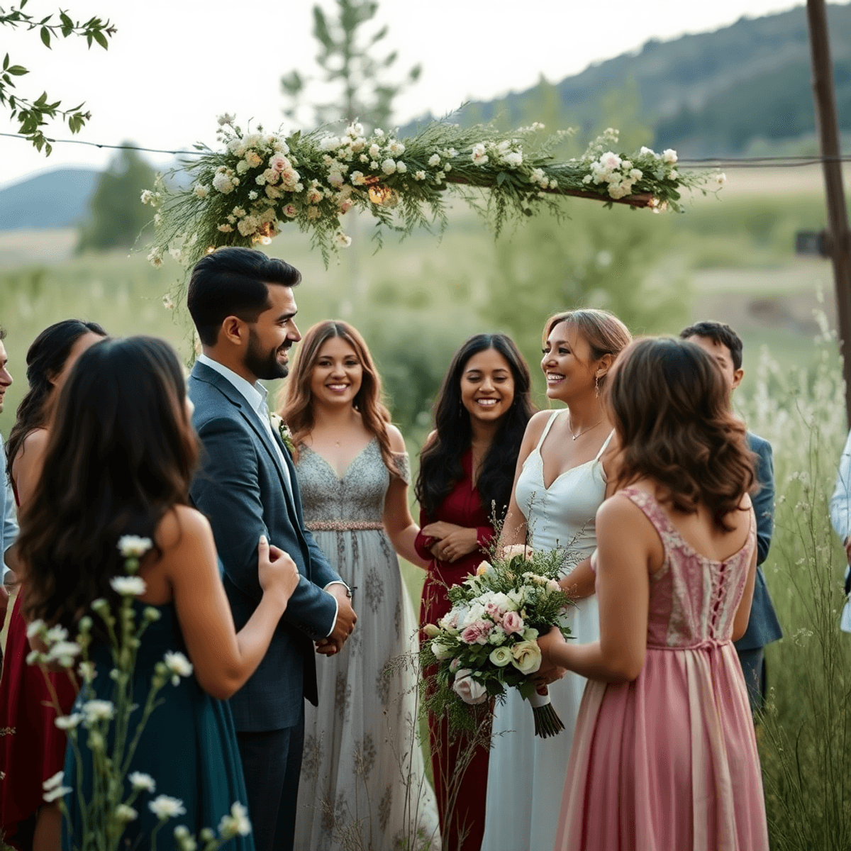 Couples joyfully celebrating an intimate outdoor wedding with wildflowers and fairy lights in a natural, se...