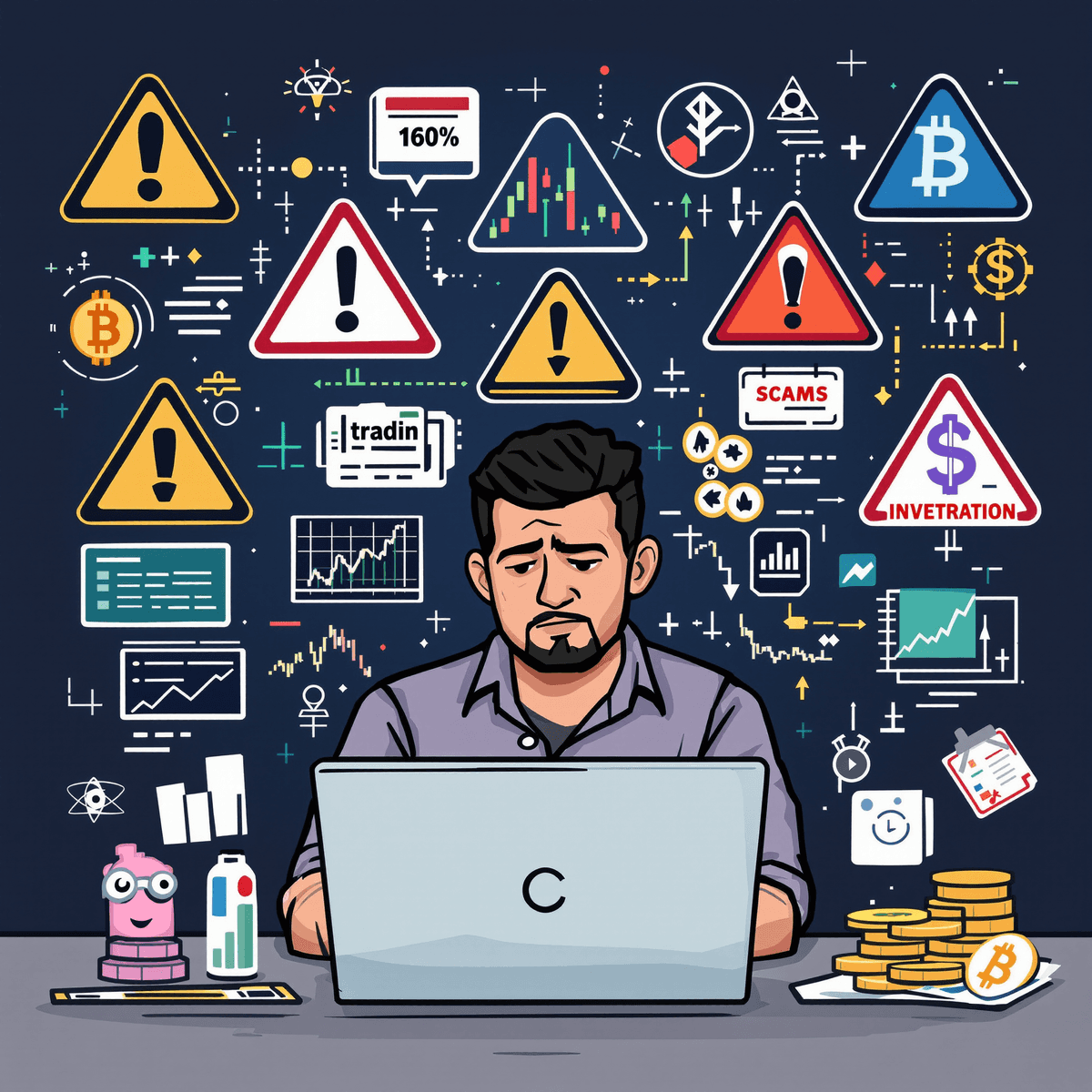 A focused investor analyzing financial charts on a laptop, surrounded by forex and cryptocurrency symbols, with warning signs about investment scams in the background.