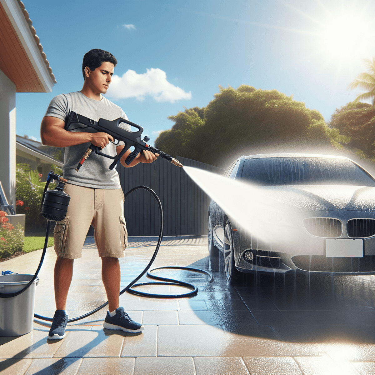 A Hispanic individual in casual outdoor attire is using a high-pressure water gun to spray a concentrated jet of water onto a driveway, with splashes of water visible. In the background, a pristine and shiny car reflects the sunlight, showcasing the effectiveness of the cleaning tool. The scene is bright and sunny, emphasizing a practical outdoor cleaning task.