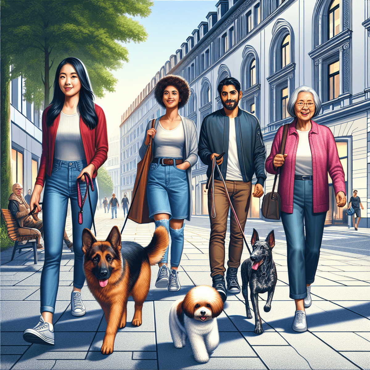 Eine vielfältige Gruppe von Hundebesitzern in München, bestehend aus einer kaukasischen Frau, die eine Leine eines verspielten Beagles hält, einem schwarzen Mann mit einem treuen Deutschen Schäferhund, einer hispanischen älteren Dame, die einen flauschigen Bichon Frise spazieren führt, und einem südasiatischen Teenager mit einem Golden Retriever. Sie gehen auf einer belebten Straße entlang von Stadtgebäuden, die durch grüne Parkflächen ergänzt sind, und zeigen verantwortungsbewussten Umgang mit Haustieren.