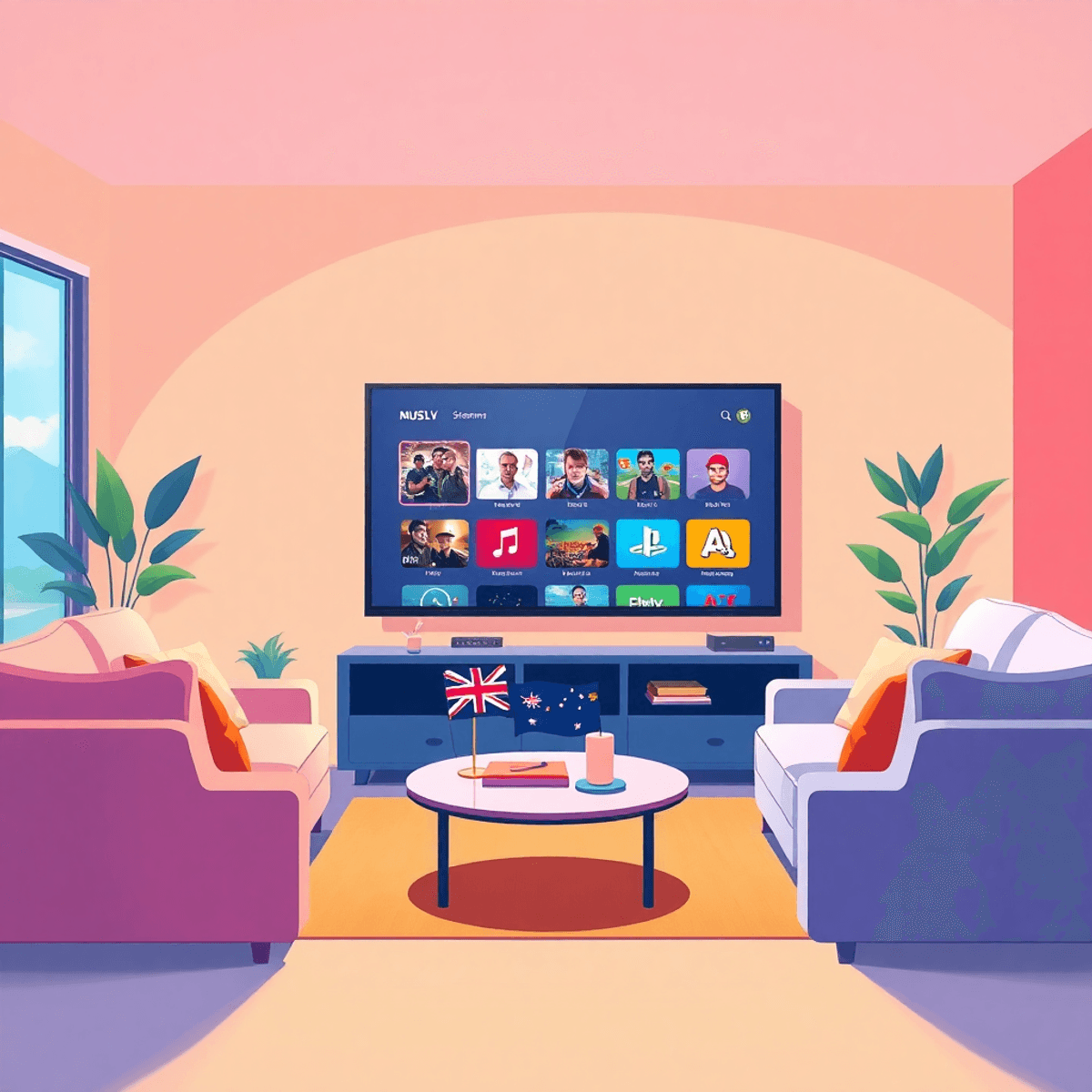 A modern living room featuring a large flat-screen TV with streaming options, cozy furniture, and subtle Australian decor, evoking relaxation and diverse entertainment choices.