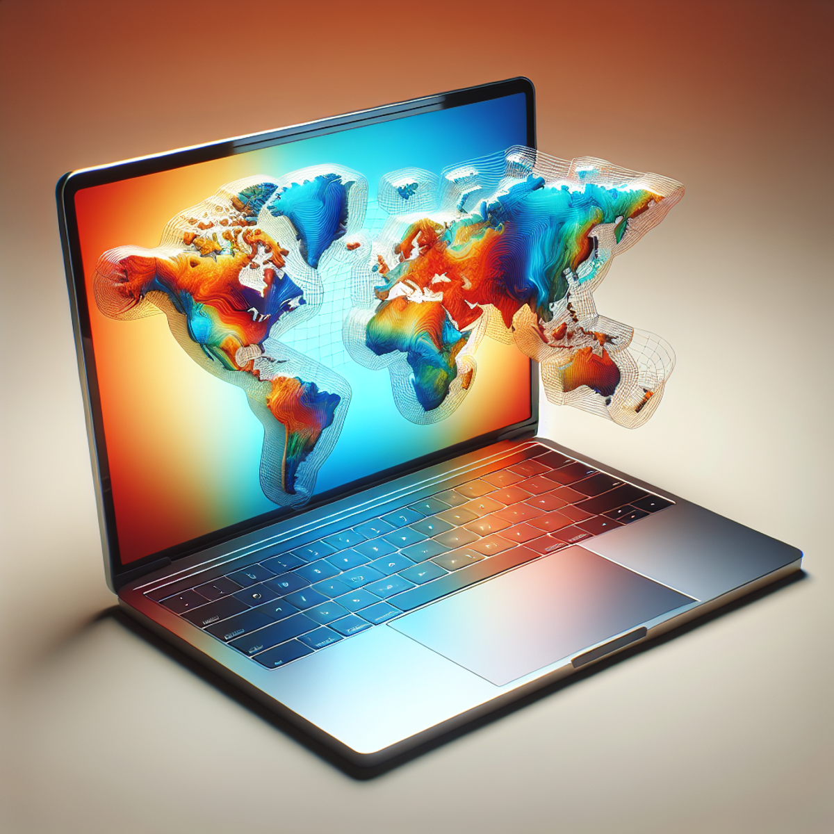 An open silver laptop displaying a vibrant, highly detailed 3D world map.