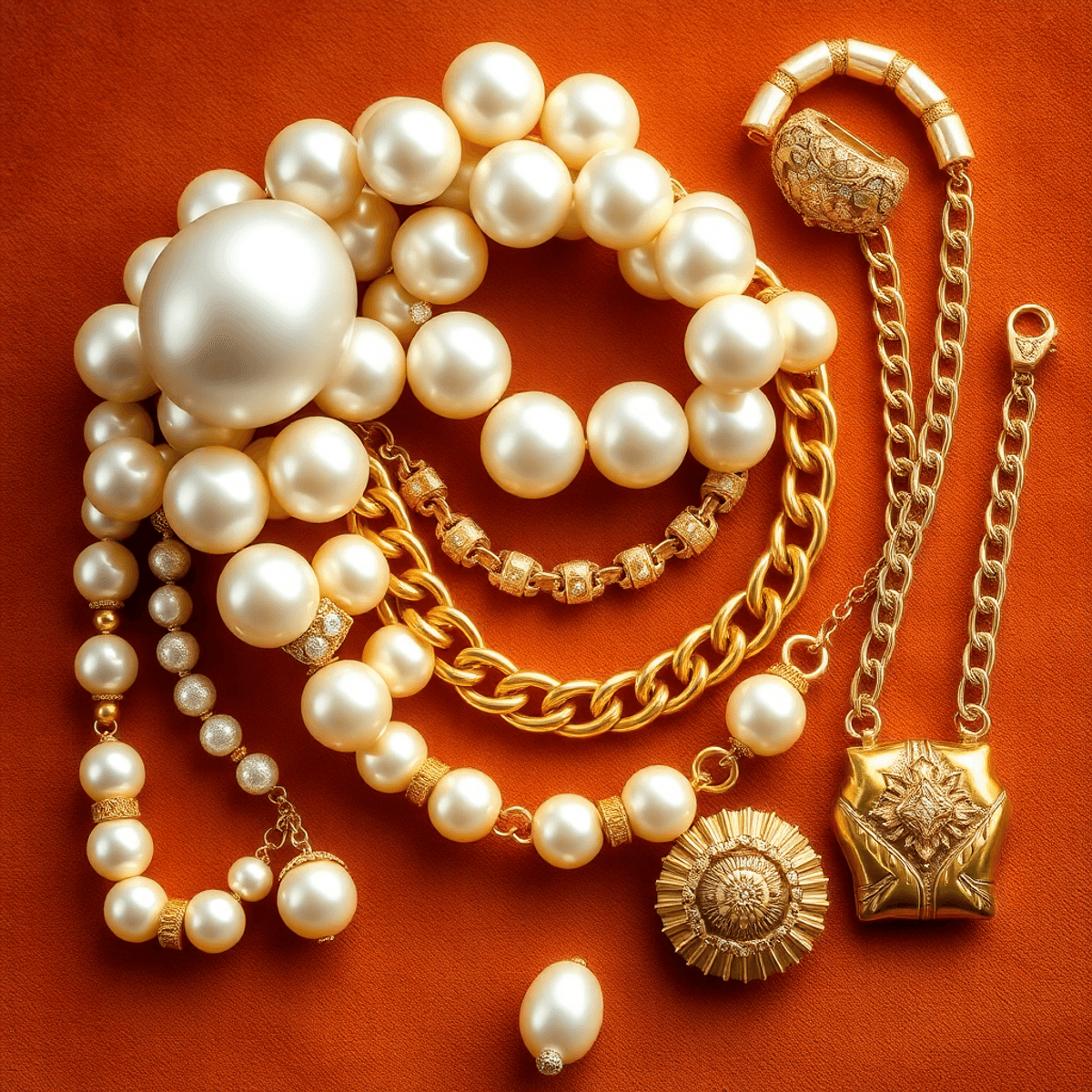 Elegant fall 2025 jewelry display with oversized pearls, chunky gold chains, and Art Deco pieces on a warm textured background.
