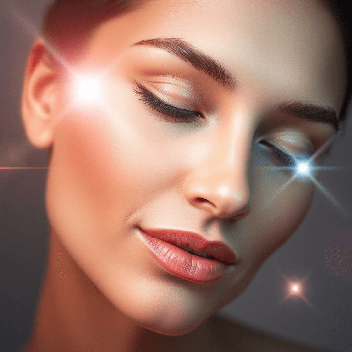 Close-up of a serene female face with radiant skin, surrounded by soft light waves and subtle laser beams, symbolizing advanced facial rejuvenation technology.
