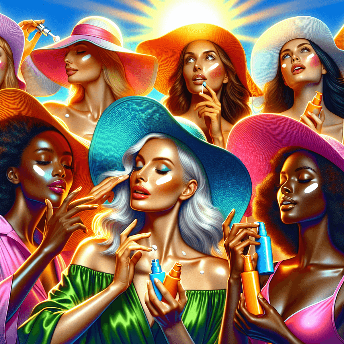 A diverse group of women from different ethnic backgrounds, including Caucasian, Hispanic, Middle-Eastern, South Asian, and Black, are gathered outdoors applying sunscreen. They wear bright-colored protective clothing and wide-brimmed hats that create soft shadows on their faces. The high noon sun shines brightly in the sky, illuminating the scene filled with joy and empowerment as they focus on skincare and sun protection.