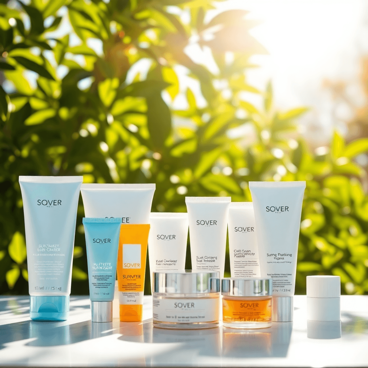 Skincare products like sunscreen and moisturizers arranged outdoors with sunlight filtering through green leaves in the background.