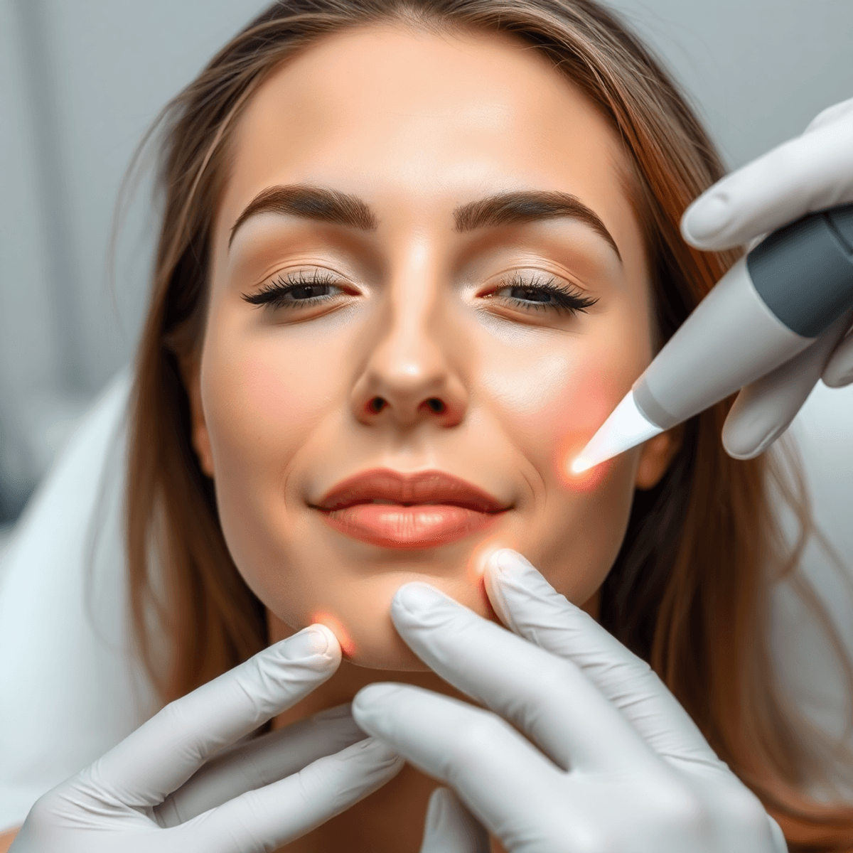 Close-up of a woman receiving gentle laser facial treatment in a bright, modern clinic, symbolizing non-surgical facial rejuvenation and collagen stimulation.