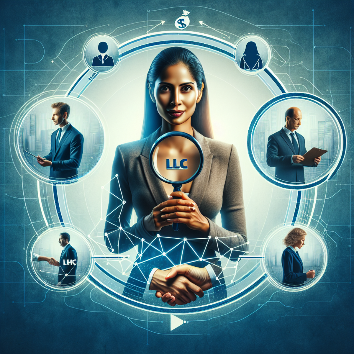 A South Asian woman holding a magnifying glass, surrounded by metaphorical symbols representing various business models. To her left, a solo entrepreneur stands alone, focused on her work. To her right, two Caucasian men shake hands to indicate a partnership. Instead of an LLC logo, a small team of Hispanic and Middle-Eastern individuals work collaboratively.